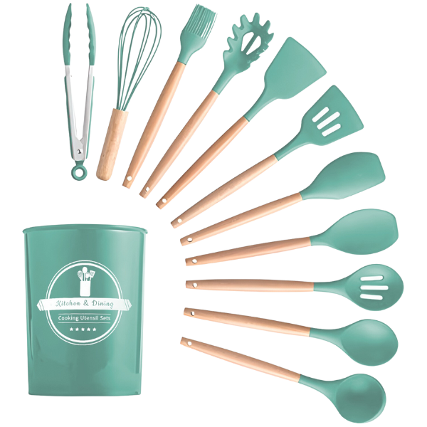 Kit Utensílios Cozinha 12 Peças Silicone Antiaderente (VERDE
