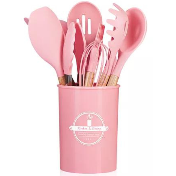 Kit Utensílios Cozinha 12 Peças Silicone Antiaderente (ROSA)