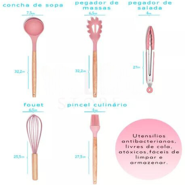 Kit Utensílios Cozinha 12 Peças Silicone Antiaderente (ROSA)