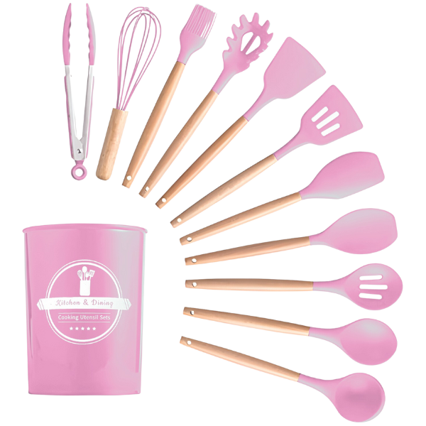 Kit Utensílios Cozinha 12 Peças Silicone Antiaderente (ROSA)