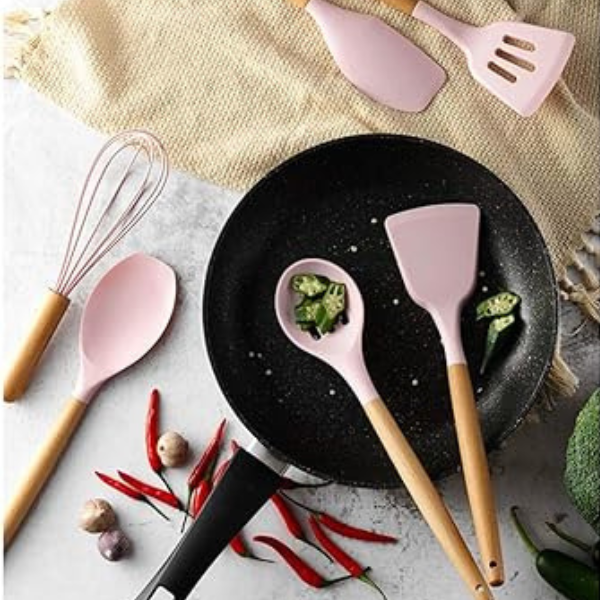 Kit Utensílios Cozinha 12 Peças Silicone Antiaderente (ROSA)