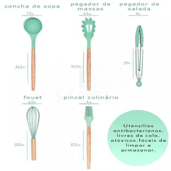 Kit Utensílios Cozinha 12 Peças Silicone Antiaderente (VERDE