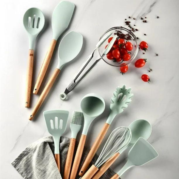 Kit Utensílios Cozinha 12 Peças Silicone Antiaderente (VERDE