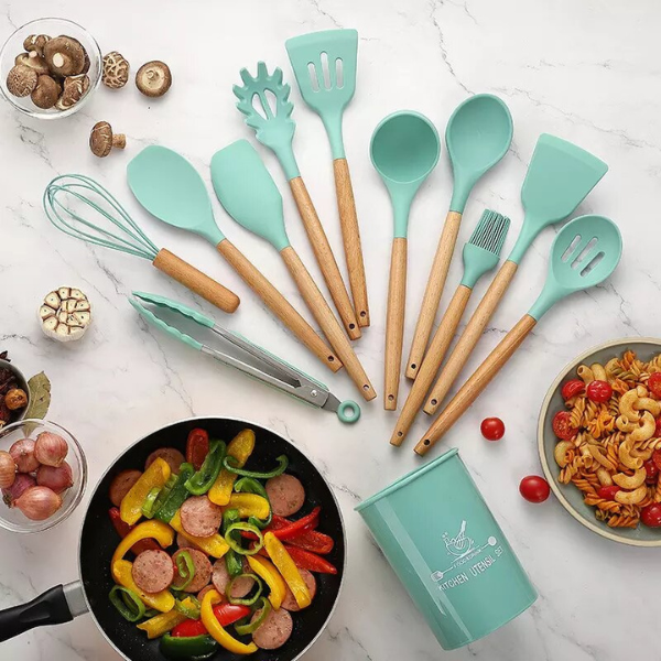 Kit Utensílios Cozinha 12 Peças Silicone Antiaderente (VERDE