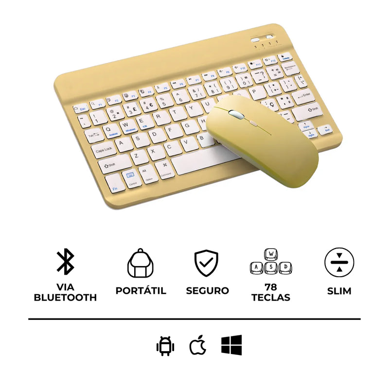 Teclado Sem Fio Bluetooth Recarregável Com Mouse - AMARELO