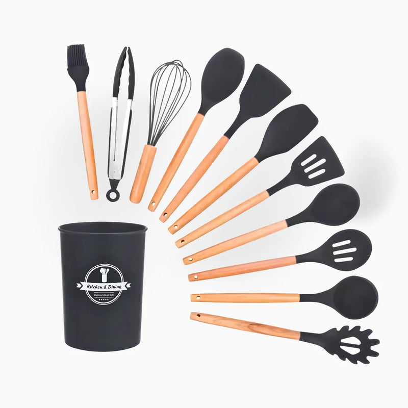 Kit Utensílios Cozinha 12 Peças Silicone Antiaderente - CINZ