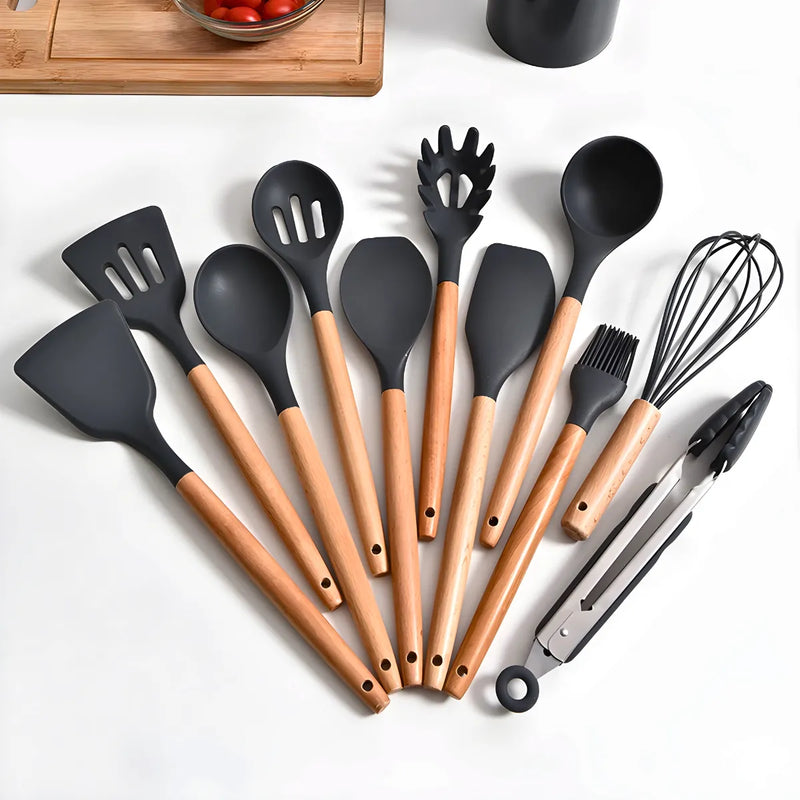 Kit Utensílios Cozinha 12 Peças Silicone Antiaderente - CINZ