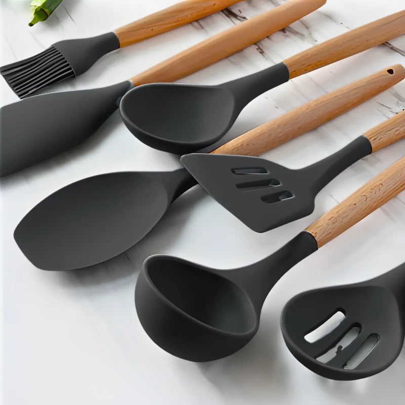 Kit Utensílios Cozinha 12 Peças Silicone Antiaderente - CINZ