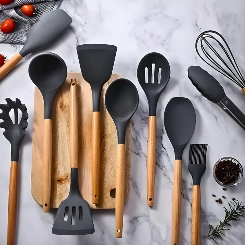 Kit Utensílios Cozinha 12 Peças Silicone Antiaderente - CINZ