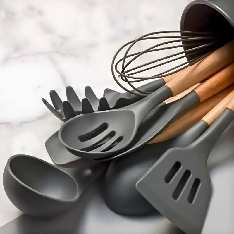 Kit Utensílios Cozinha 12 Peças Silicone Antiaderente - CINZ