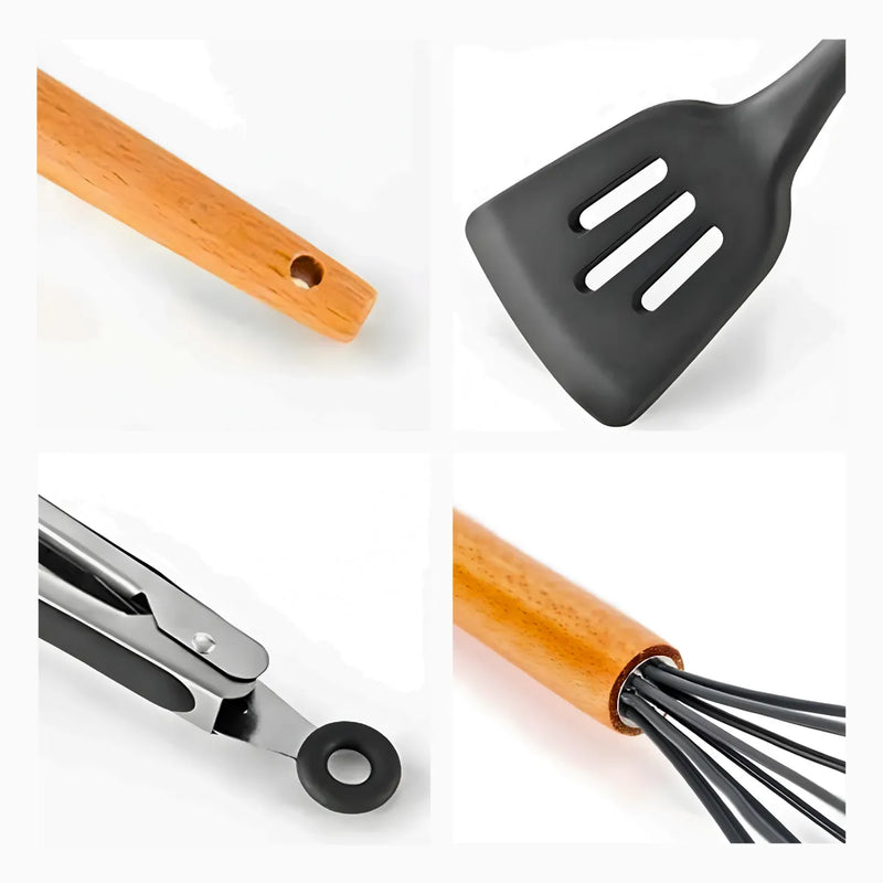 Kit Utensílios Cozinha 12 Peças Silicone Antiaderente - CINZ